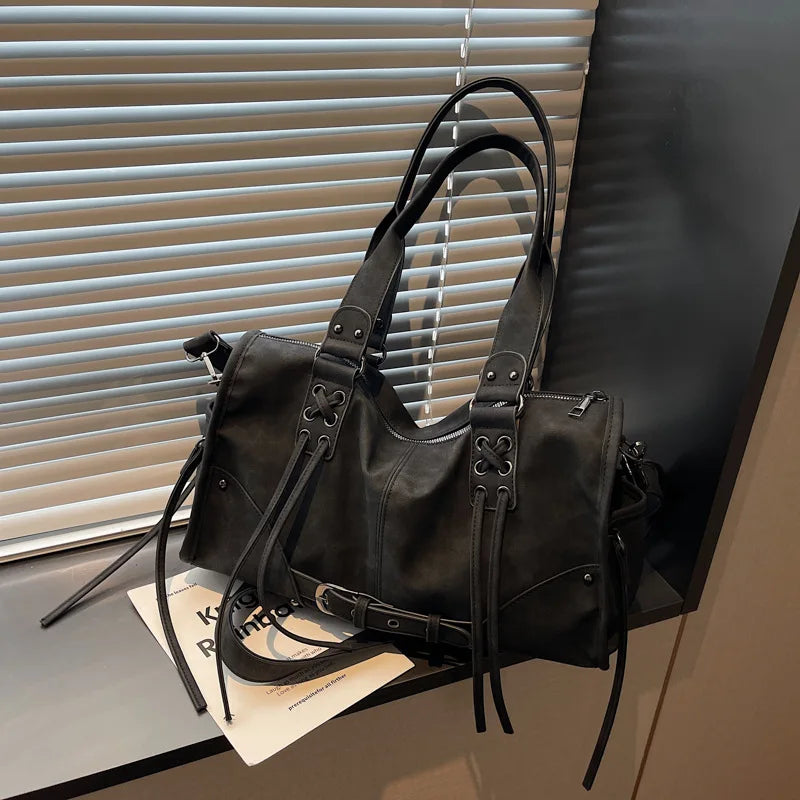 Women's Vintage Faux Leather Tote Bag, Large Capacity Crossbody Shoulder Purse with Lace-Up Detail, Casual Streetwear Use