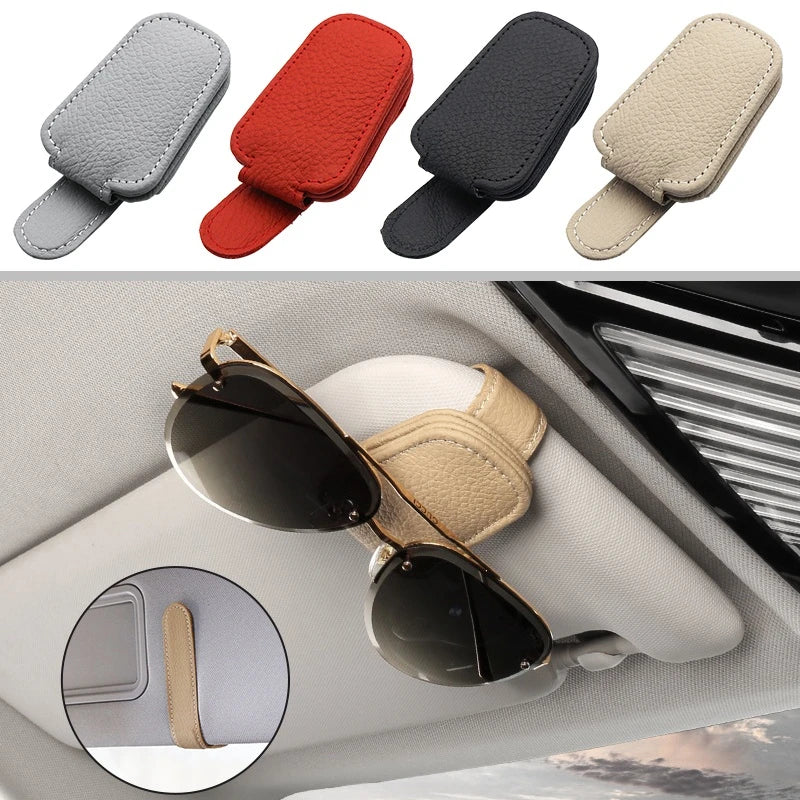 Car Sun Visor Glasses Clip Leather Car Sunglasses Holder Universal Eyeglasses Hanger Ticket Card Holder Car Interior Accessories
