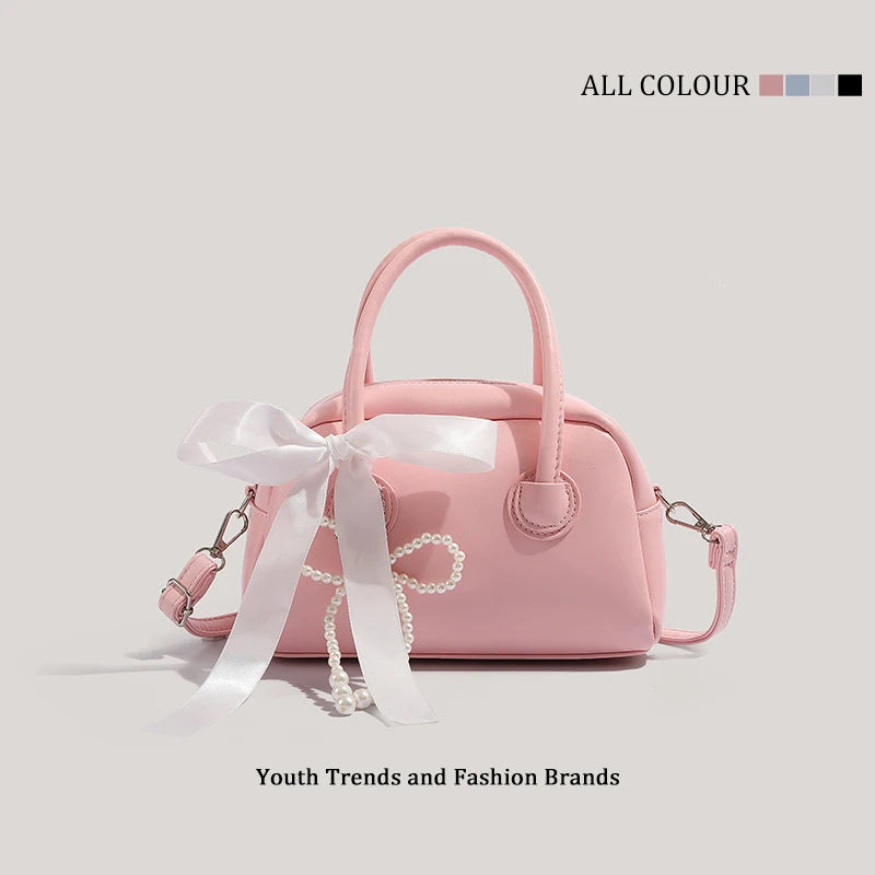 Sweet Mini Boston Bag Women Fashion Pearl Pendant Bow Shoulder Bag Casual Handbag