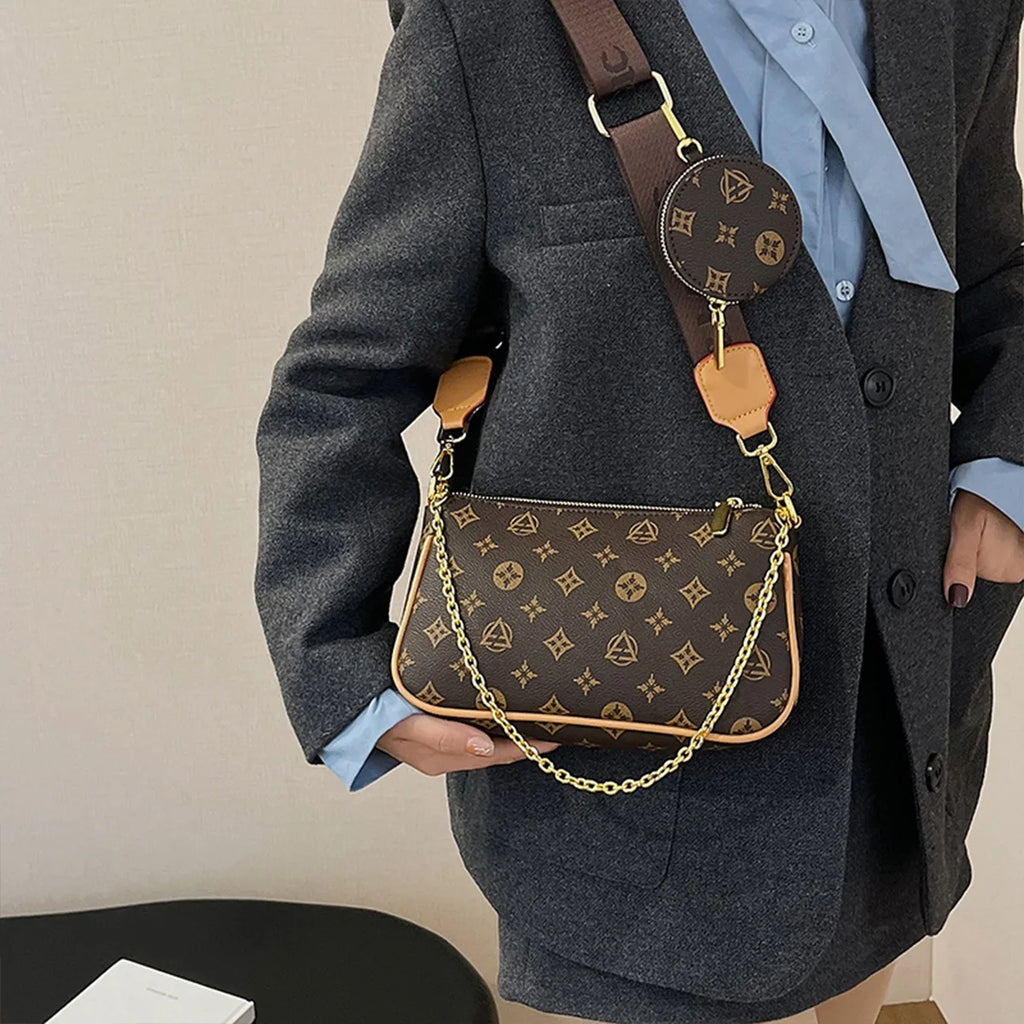 Women Fashion Floral Letter Print Shoulder Bag Chain Large Capacity Zipper Adjustable Strap Mini Pouch Attachment Daily Commute