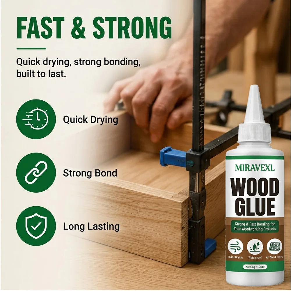 50G Wood Glue Professional Strong Bonding Fast Drying Waterproof Adhesive for Carpentry DIY Woodworking Projects MIRAVEXL Glue