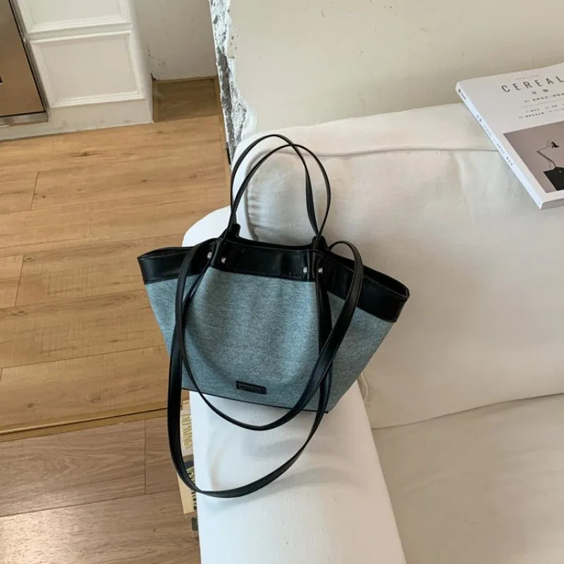 CEEKAY Minimal Linen PU Spliced Large Tote Bag Leather Long Handle Blank Front Tag Two Ways Carry Light Portable Shoulder Purse