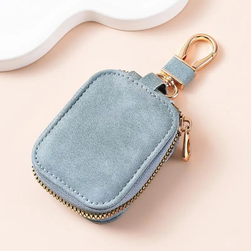 Soft Suede Car Key Holder Case Zippered Design with Durable Metal Carabiner Small Storage Pouch for Keys Earbuds Travel Use