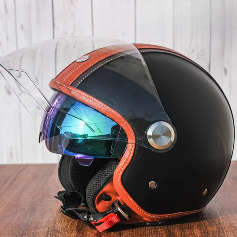 Brown Leather Original DOT ECE 3/4 Open Face Helmet MT Capacete Motorcycle Helmet JET Scooter Bike Half Helmets Cascos Para Moto