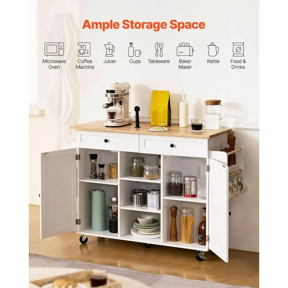 Wooden Top Kitchen Trolley with Storage, Rolling Drop Leaf Table, Drawers, and Spice Rack