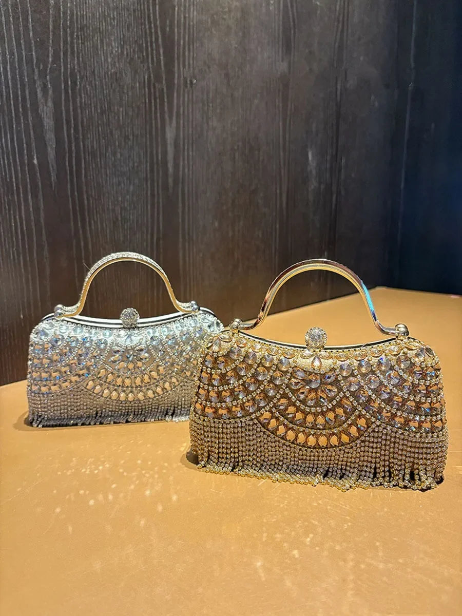 Diamond Evening Clutch Bag Golden Tassel Handbag Boutique Novelty Metallic Rhinestone Purses and Handbags Bridal Wedding Party