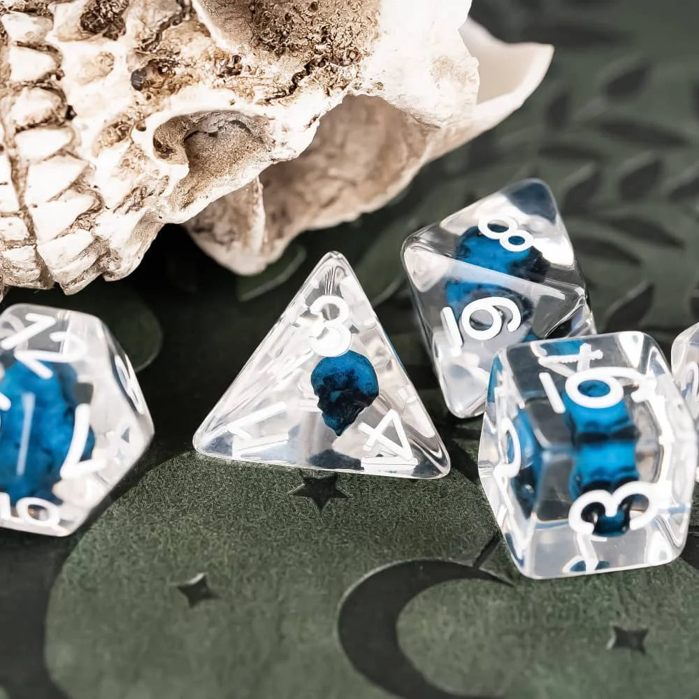 Cusdie 7 SKULL DND Dices Transparent D4 D6 D8 D10 D% D12 D20 Polyhedral Dice Set for D&D Pathfinder Role Playing Board Games