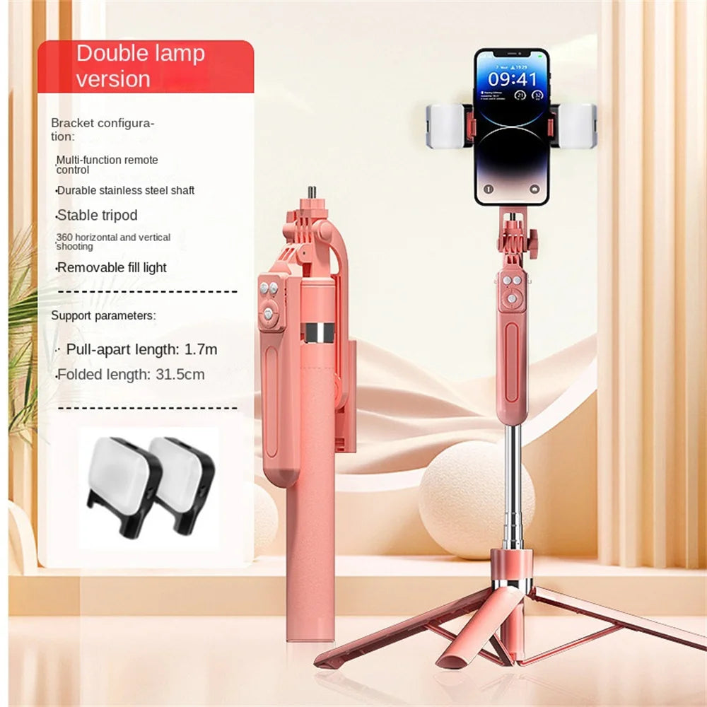 Roreta 360° Rotation 1.7M Selfie Stick Wireless Stand with Light Bluetooth Remote Extendable Tripod for iPhone Live Streaming
