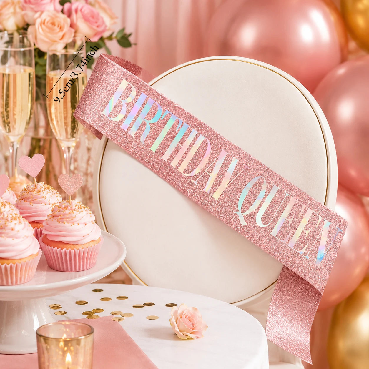 1PC Birthday Queen Sash for Women Pink Glitter Party , Holographic Birthday Girl Shoulder Strap for Birthday Party Decorations.