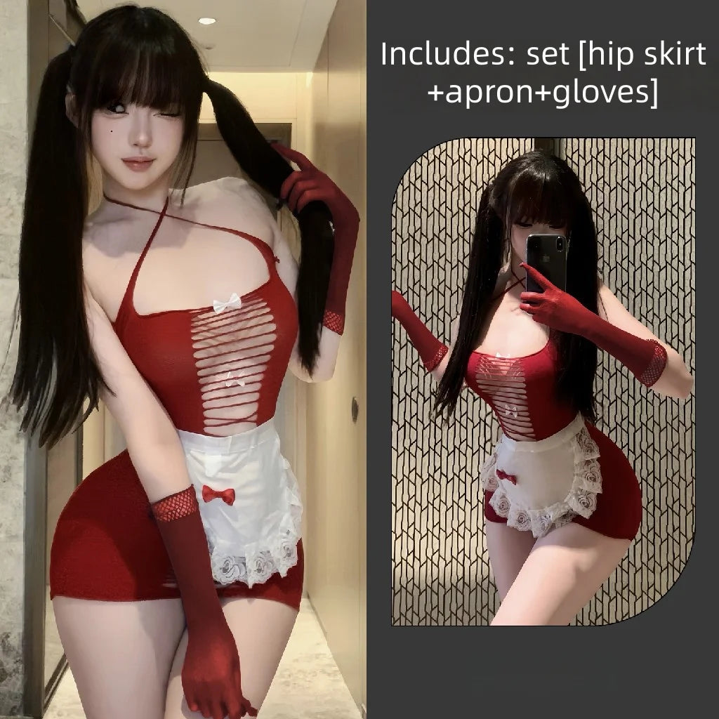 Wrapped Hip Skirt Flirtatious Hot Sexy Lingerie Tearable Maid Mesh Suit Uniform Set Perspective Flirtatious Open File Tempting