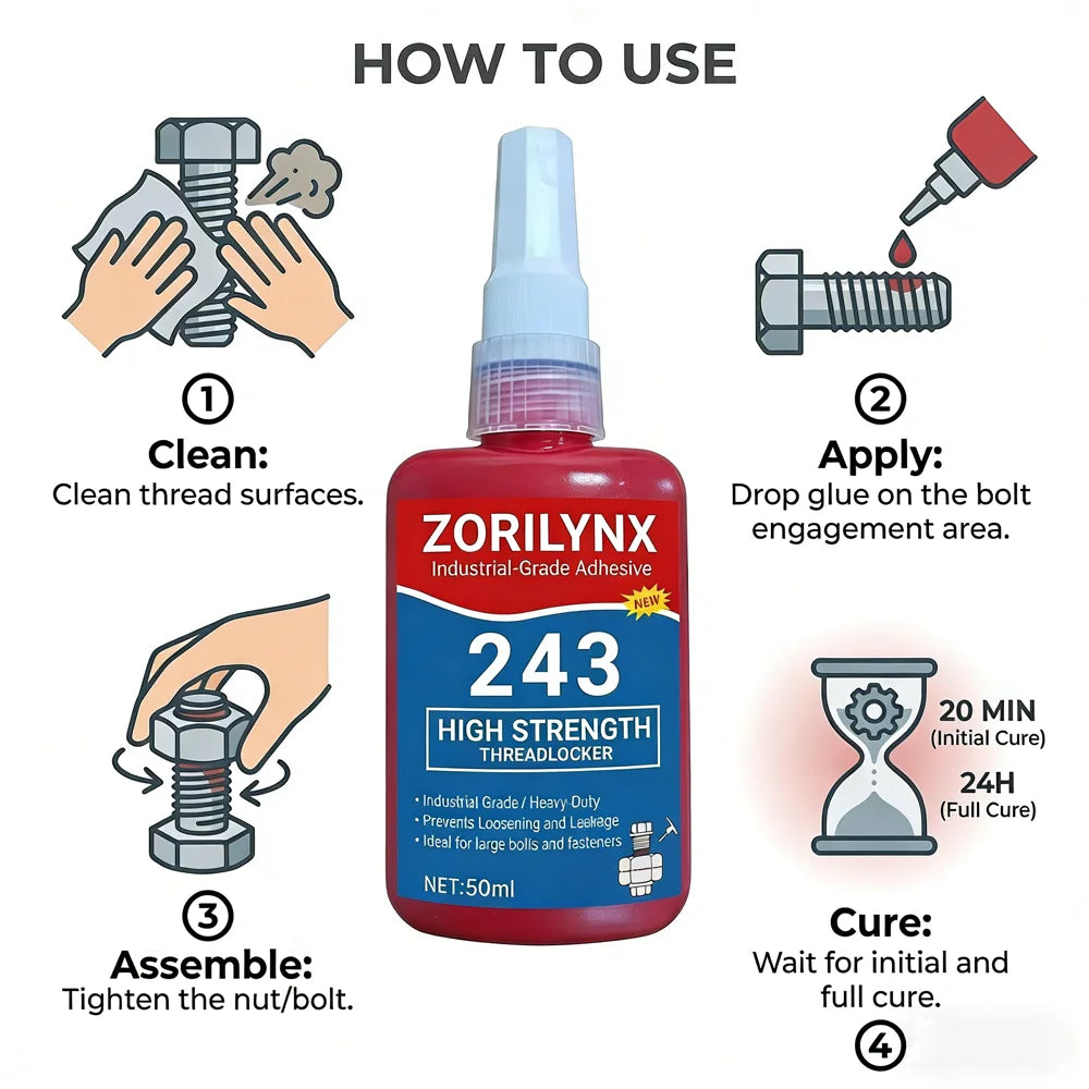 243 Threadlocker 50ml High Strength Blue Adhesive Oil Resistant Anaerobic Glue for Screw Lock Metal Bolt Nut Seal  ZORILYNX