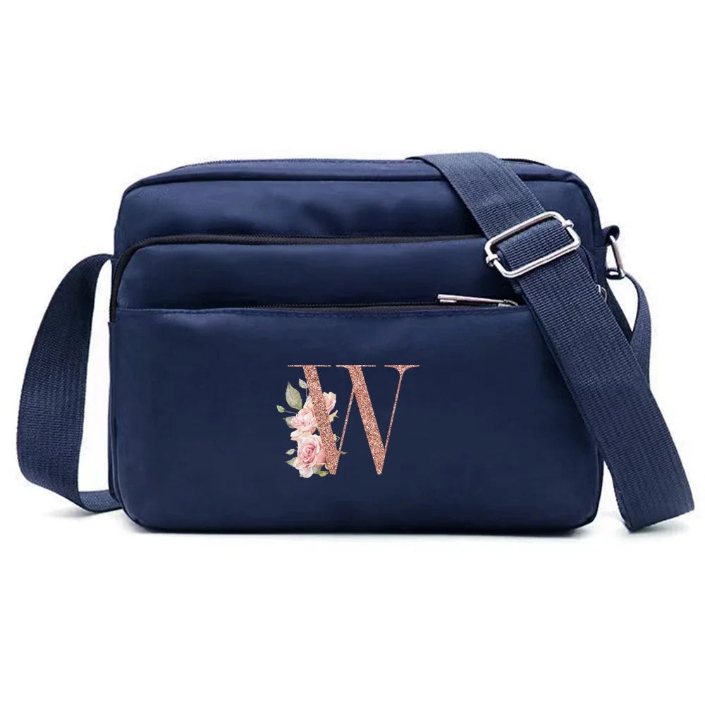 Large Capacity Travel and Commuting Storage Blue Bag Rose Gold Series Print Pattern Multi-layer One Shoulder Crossbody Bag