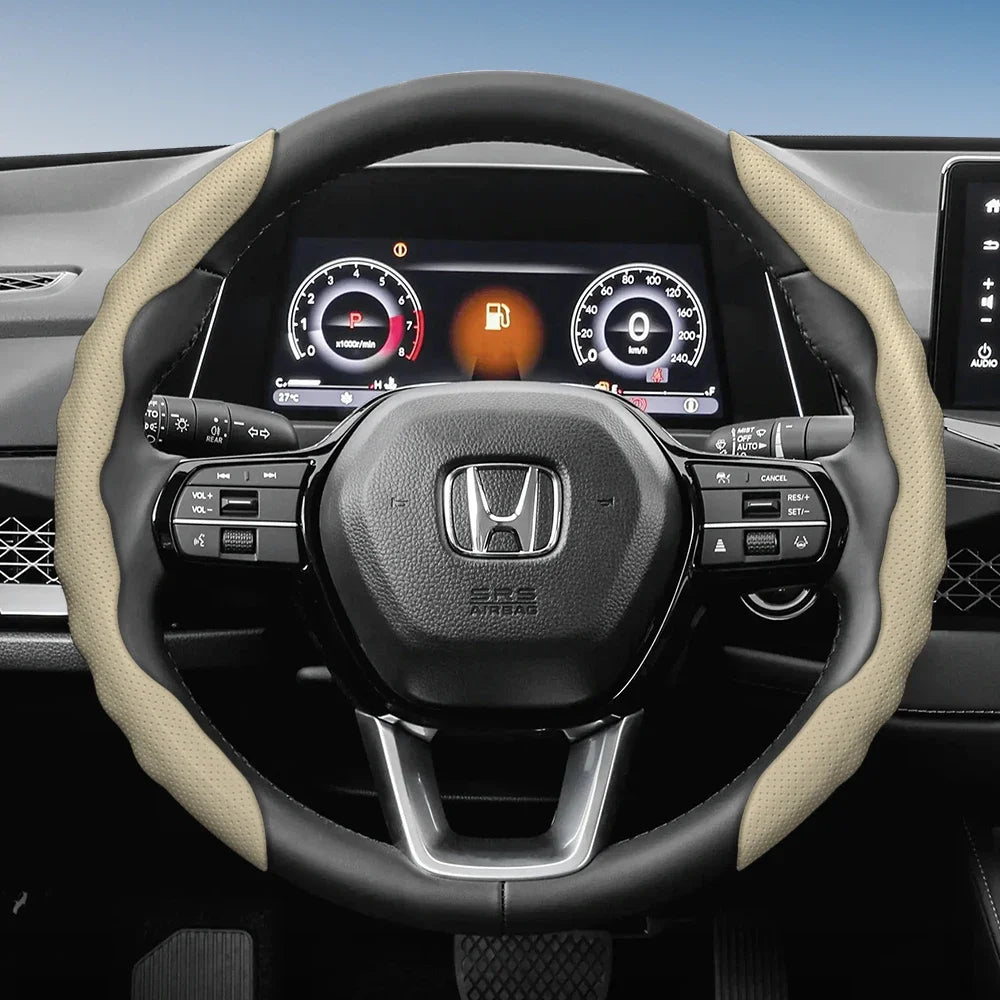 Steering Wheel Cover Suitable for Honda, Wave-Shaped Sporty Design, Breathable Leather, Segmented Design, Non-Slip