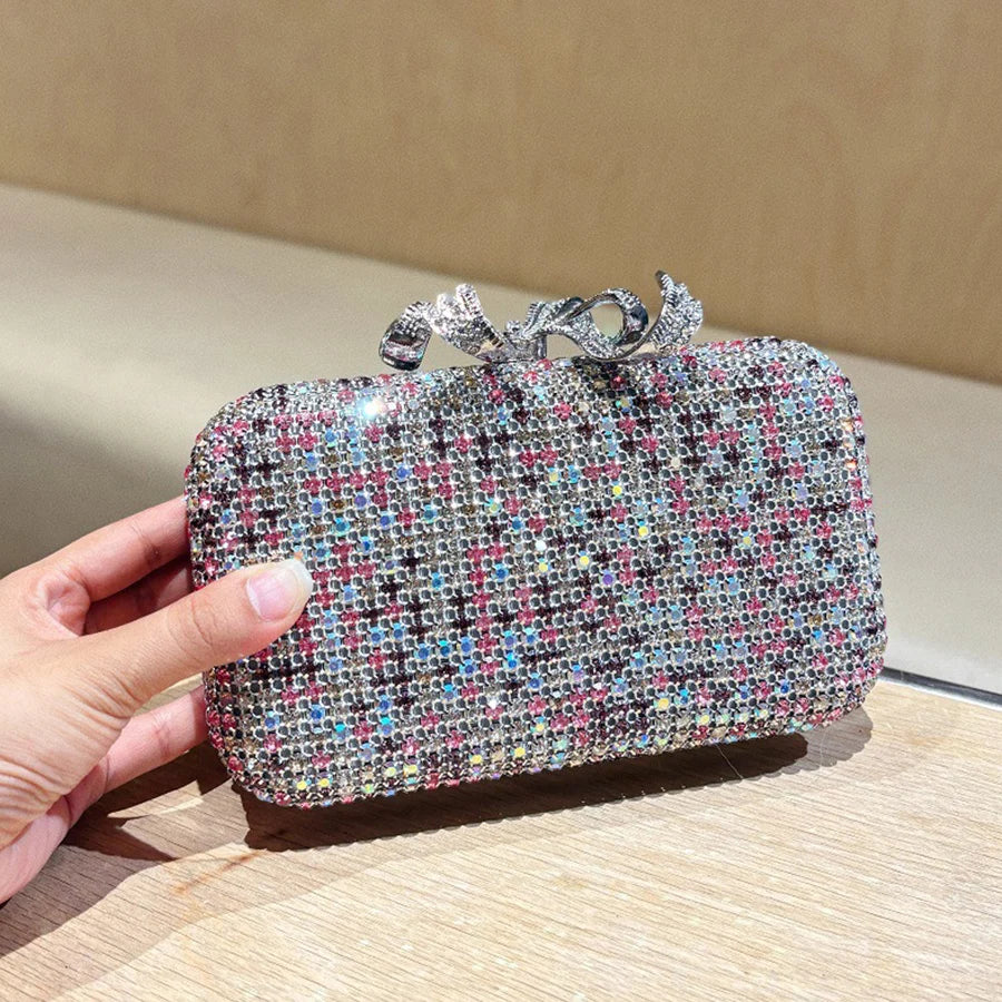 Luxury Diamond Clasp Evening Bag Bowknot Clutch Bags Rhinestone Small Box Bags Chains Shoulder Bags Wedding Party Purse Handbag