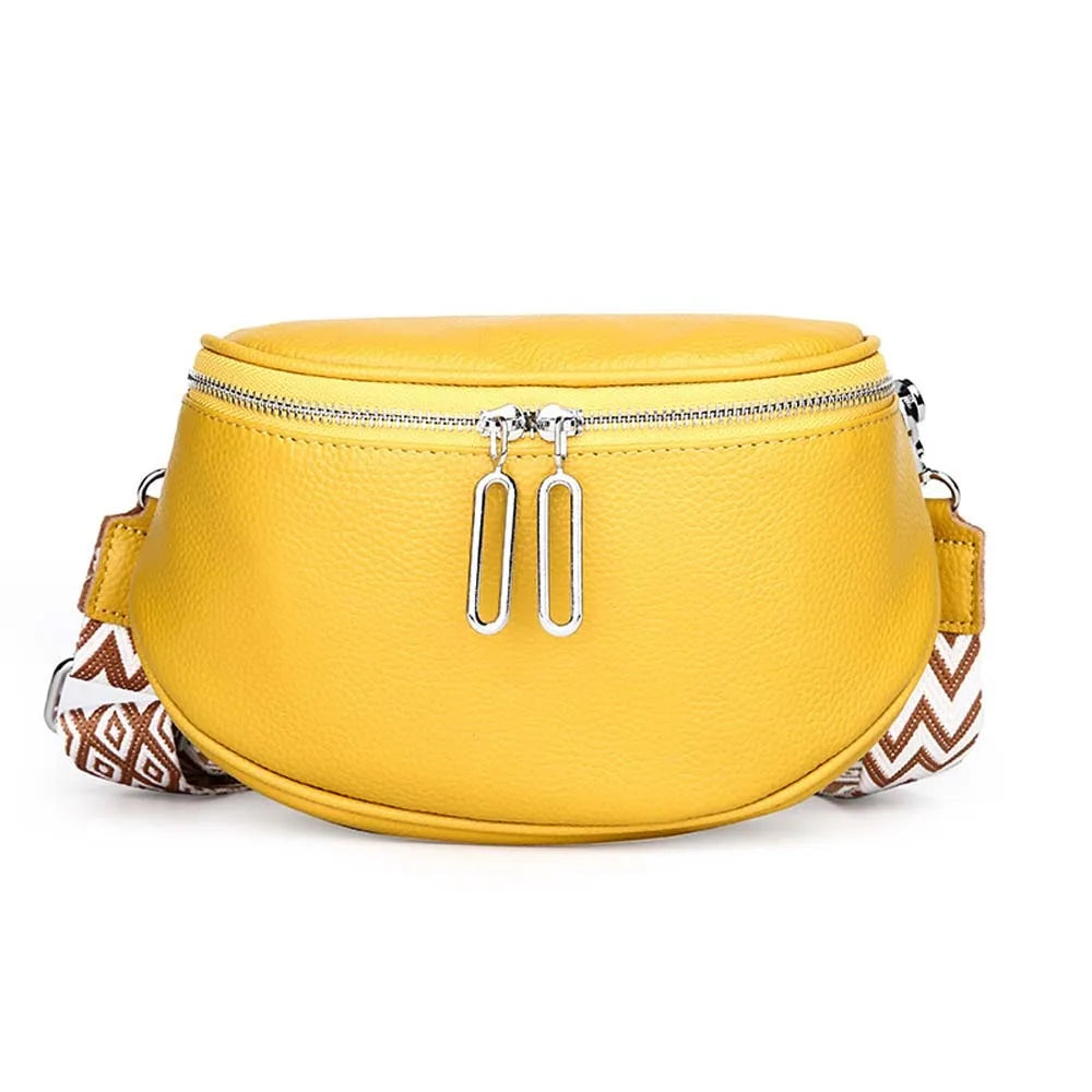 Bum Bag Leather Crossbody Bag Cowhide Texture Double Zippers Saddle Bag Jacquard Strap Solid Color Chest Pack Outdoor Travel