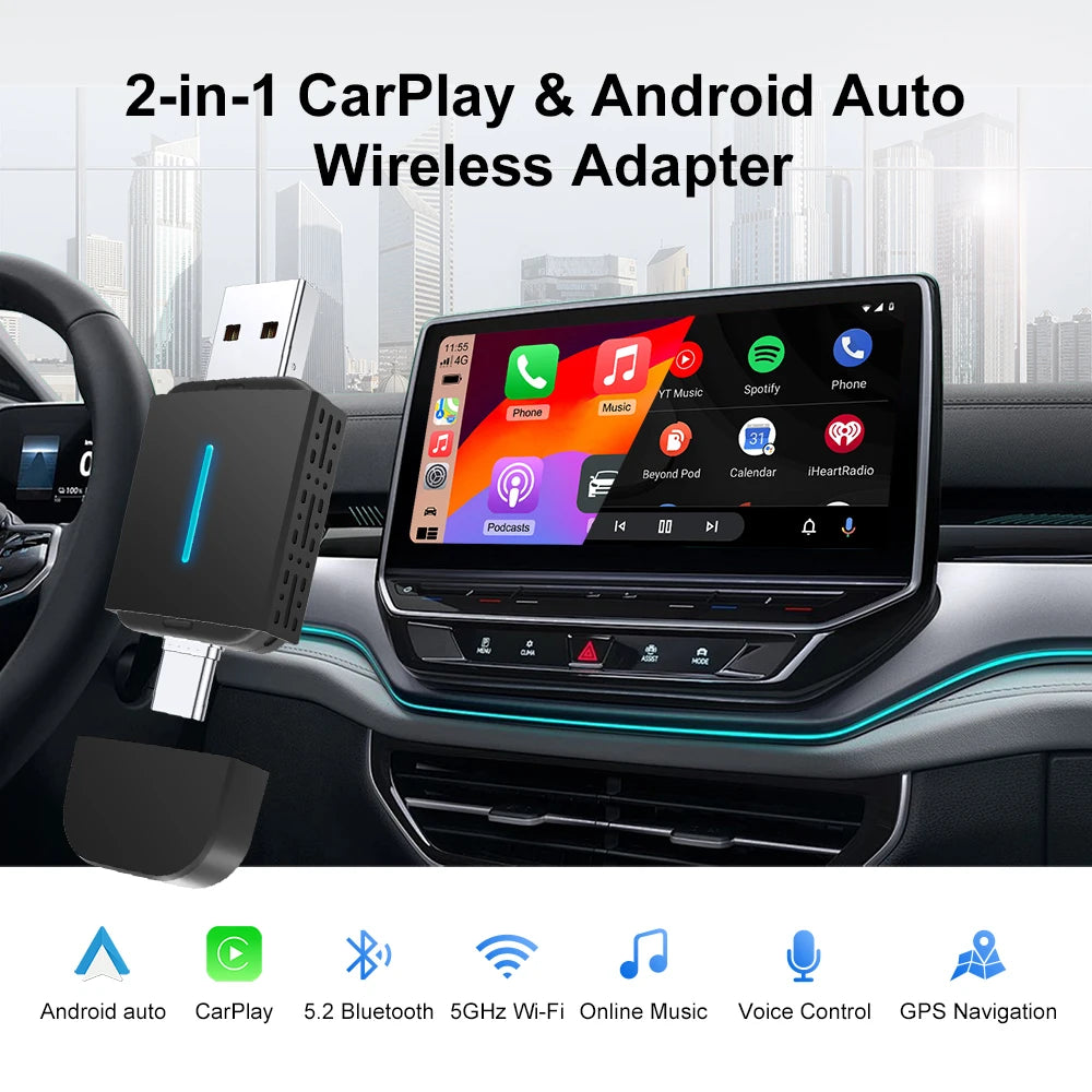Android Auto Wireless Carplay Type-c USB Bluetooth Wifi Plug and Play 2In1 Dongle For Chevrolet Citroen Buick Cadillac Chery VW