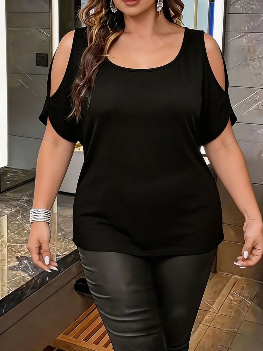 Plus Size Women Off Shoulder Tee U Neck Cap Sleeve Cut Out Vest Tunic Loose Fit Basic Chic Ladies Wear Spring Summer Daily Top