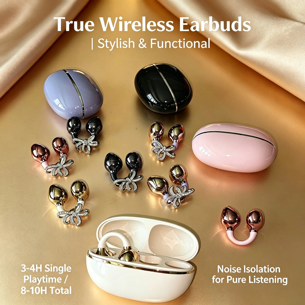 Shiny Crystal Bowknot OWS Clip Earbuds TWS Wireless Bluetooth 5.4 Low Latency Sport Headphones with Charging Case