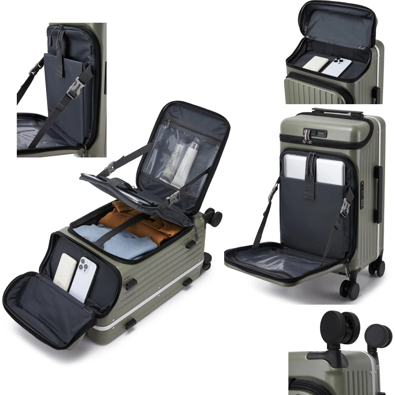 100% PC Hard Shell Luggage Front & Top Opening Suitcase with Spinner Wheels TSA Lock Laptop Compartment, Carry-On Travel Trolley