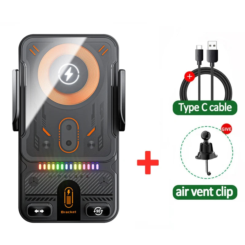 Auto-Clamping Car Wireless Charger Phone Holder Stand Touching 360 Rotation RGB Fast Charging Bracket For iPhone 17-12 Samsung