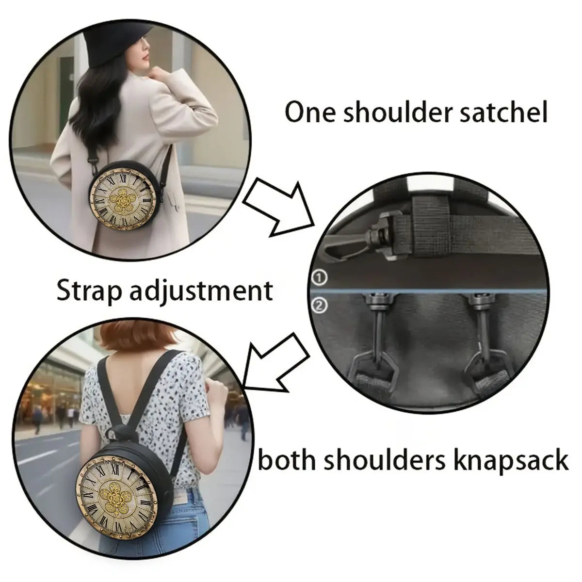 Clock Print Round Shoulder Bag Casual Messenger Bag Daily Adjustable Strap Crossbody Bag for Woman Best Gifts 2D Flat