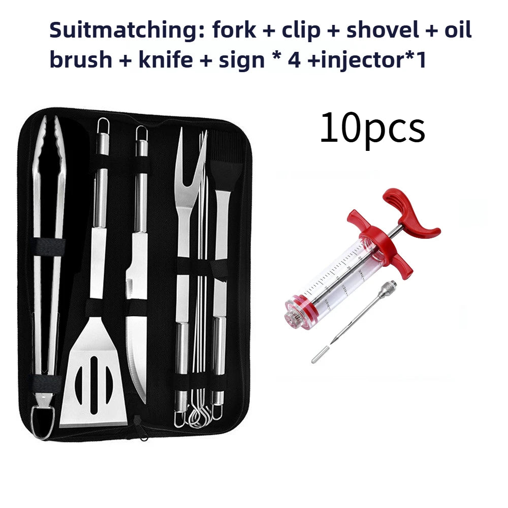 Portable BBQ Grill Tools Set Extra Thick Stainless Steel Fork, Spatula & Tongs - Injector - Complete BBQ Perfect Grill Gifts for