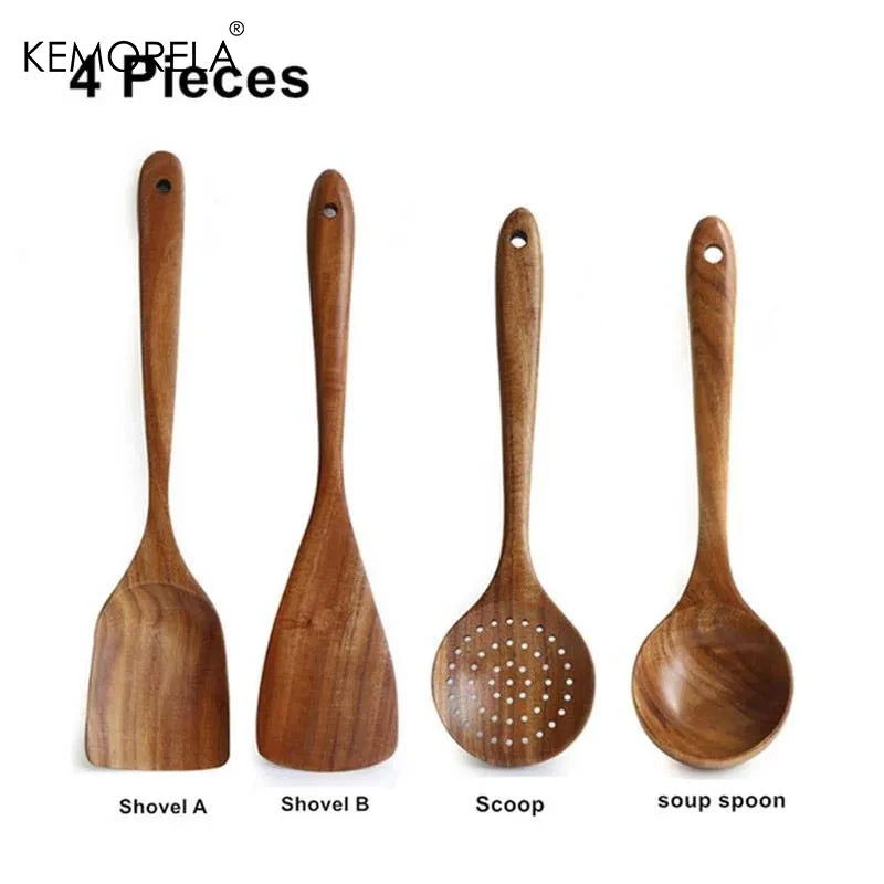 4/7/9PCS Wooden Spoons For Cooking Wooden Utensils For Cooking With Utensils Holder Teak Wooden Kitchen Utensils Set