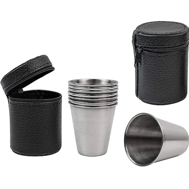 4-Piece Stainless Steel Water Glass with Black Leather Carrying Case Outdoor Camping Practical Travel Whiskey Wine Glass