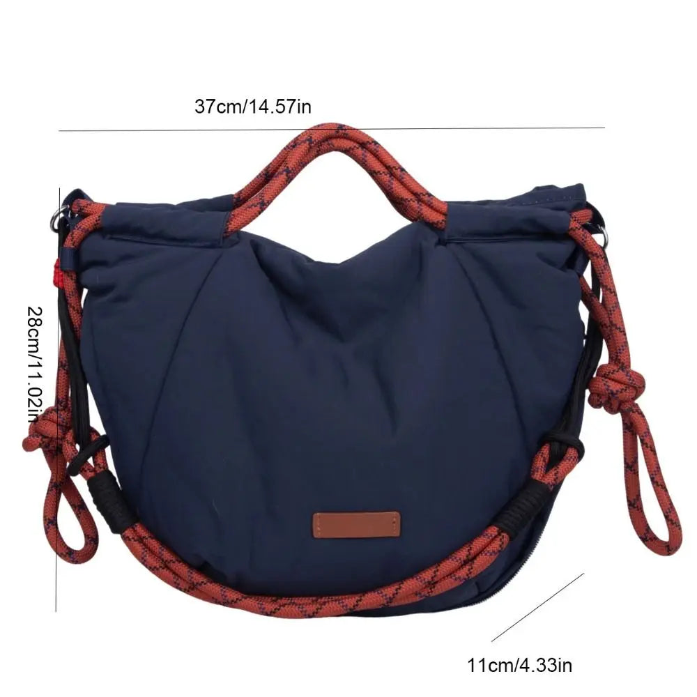 Retro Contrast Color Drawstring Shoulder Bag Webbing Large Capacity Tote Bag Multi-pocket Korean Style Handbag Date
