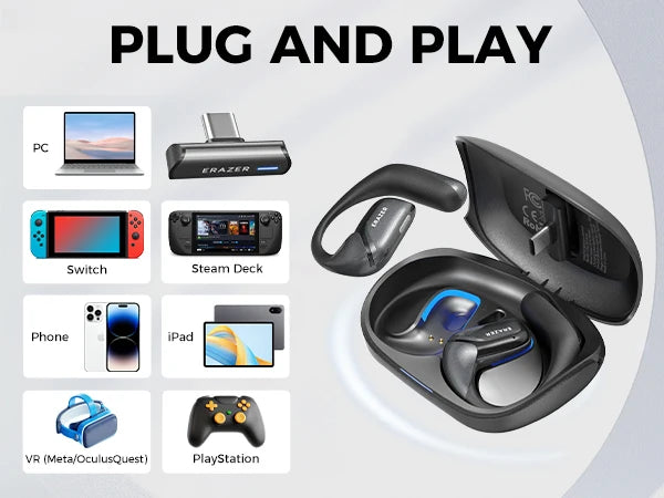 ERAZER XF29 Open Ear Gaming Earbuds with 2.4G Dongle, 20ms Ultra Low Latency Bluetooth Headphones ENC Call for PC Switch PS5 VR