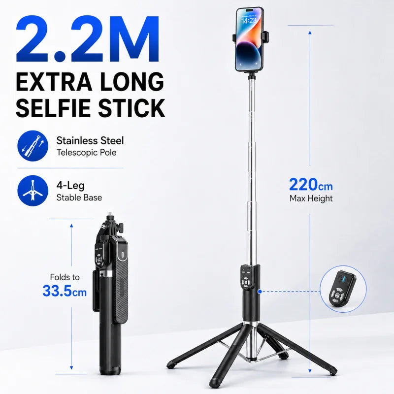 P320 Long Stainless Steel Selfie Stick, 4-Leg Bluetooth Phone Tripod Stand with Dual Remote for Live Streaming and Photography