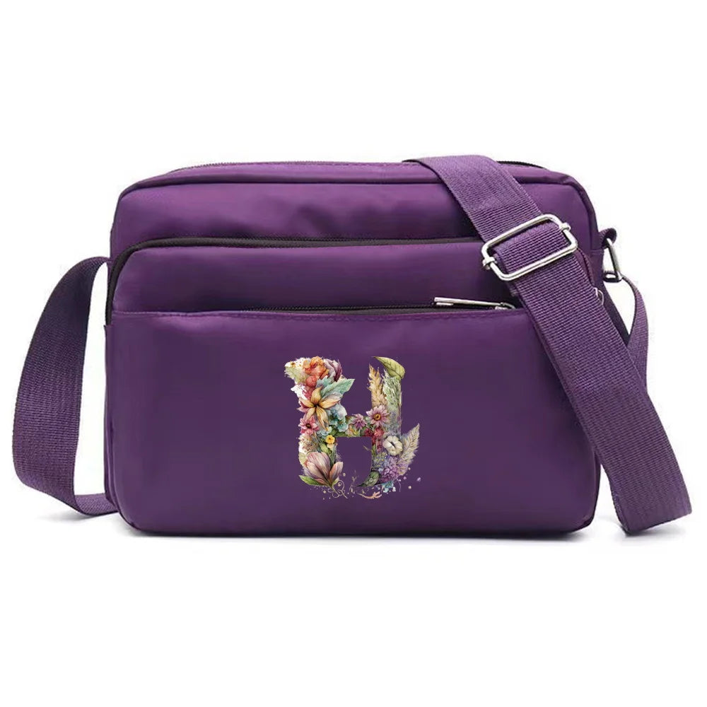 Leisure Purple One Shoulder Crossbody Bag Portable Commuting Large Capacity Floral Letter Series Printing Pattern Storage Bag