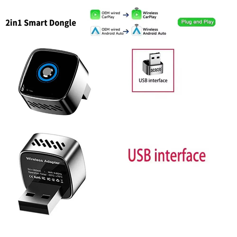Skilldrive 2026 2 in 1 Mini Wireless CarPlay Adapter 2 Phones One-Tap Switch Android Auto AI Smart Box for Wired CarPlay Car