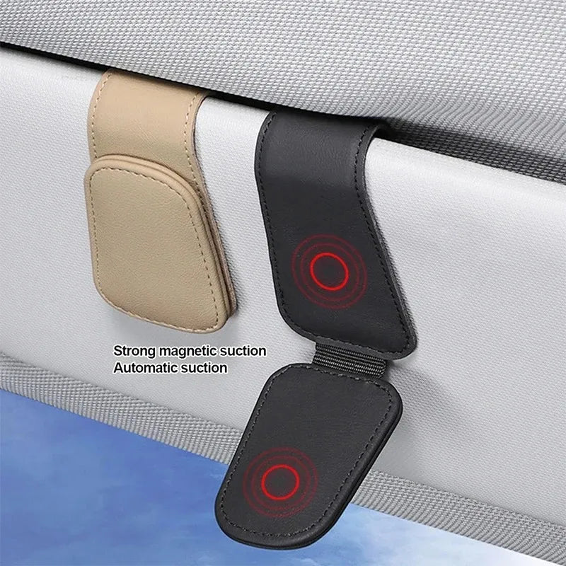 Magnetic Leather Sunglasses Clip Multifunctional Ticket Card Holder Car Sun Visor Interior Accessories