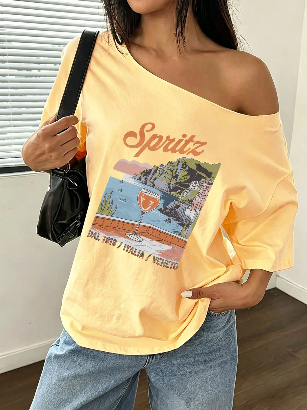 100% Cotton Plus Size Italian Spritz Travel Scenery Print Shoulder Loose Print T-Shirt Oversized Y2K Style Graphic Tees Women