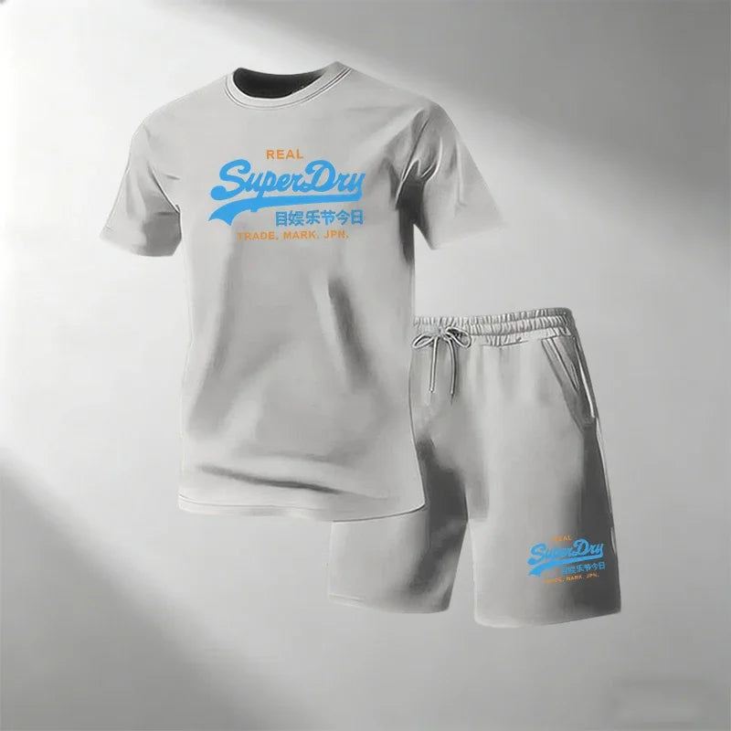 Summer Street Fitness Men's T-Shirts Sets Short Sleeve T-Shirt + Shorts Quick Dry Breathable Round Neck Running Suit Hot Sale