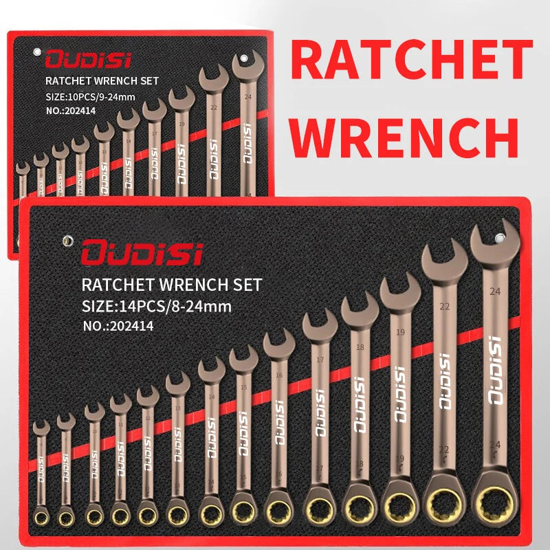 Versatile 6-14pc Carbon Steel Ratchet Wrench Set with Multi-Angle Head, Quick Precision 72-Tooth Mechanism, 180° Swing