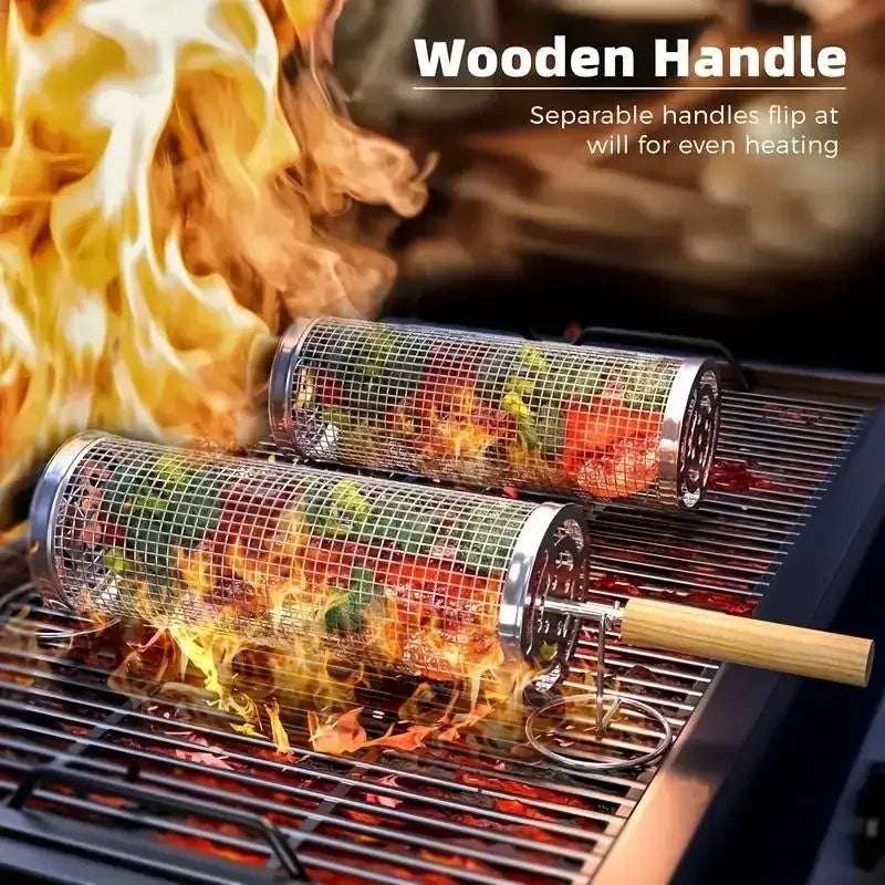 Round Barbecue Grill Basket Set, Stainless Steel Rolling BBQ Cage, Wire Mesh Cylinder Grilling Rack, Outdoor Camping Essential
