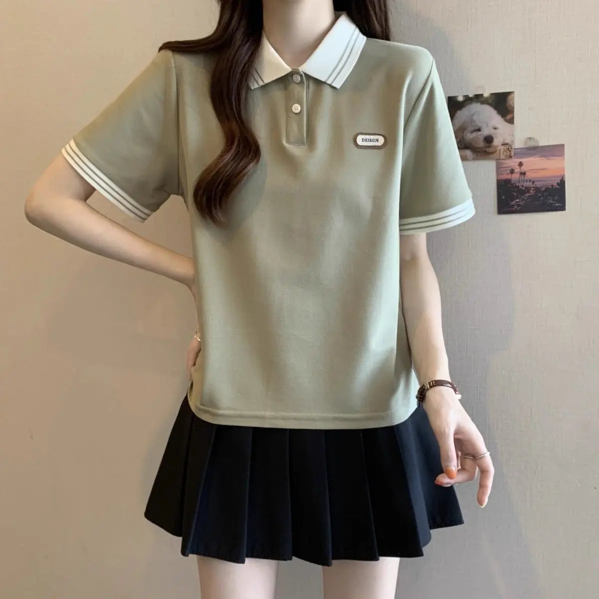 Summer Plus Size Women's New Arrival Color-Block College Style Loose Slimming Hiding Flesh Collar Short Sleeve T-Shirt