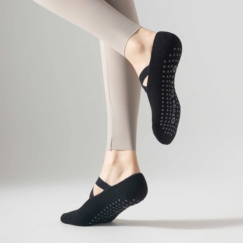 1 pair Professional Yoga Socks,  Cotton Strapping Silicone Anti-Slip Pilates Fitness Dance Floor Socks