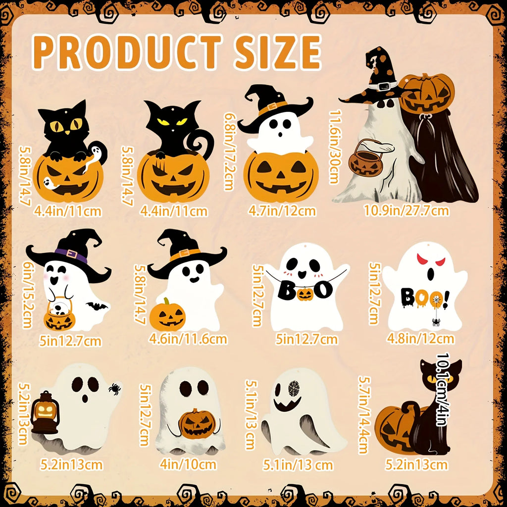 12pcs Halloween Theme Cute Pumpkin Black Cat Ghost Design Paper Halloween Ghost Decorations