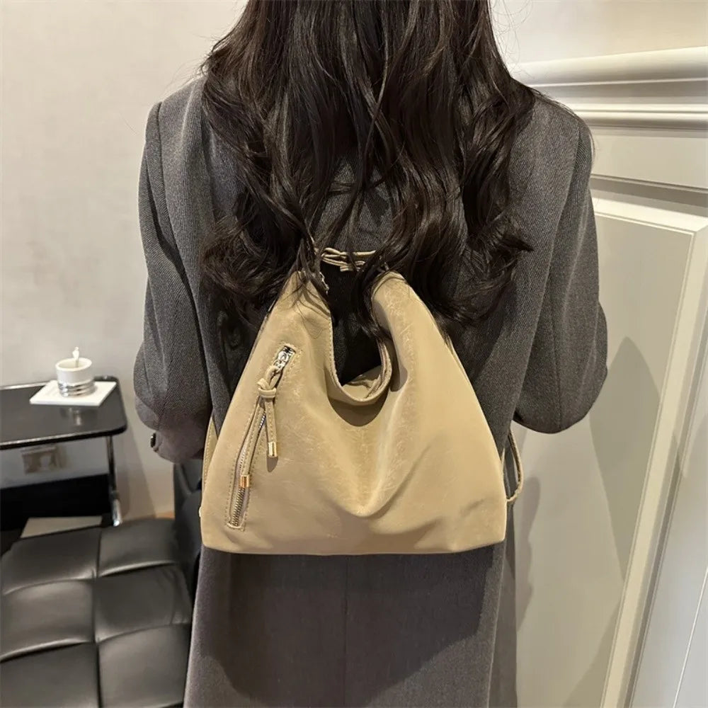 Portable Solid Color WomenTote Bag PU Leather Large Capacity Single Shoulder Bag Minimalist Lightweight Backpack Travel