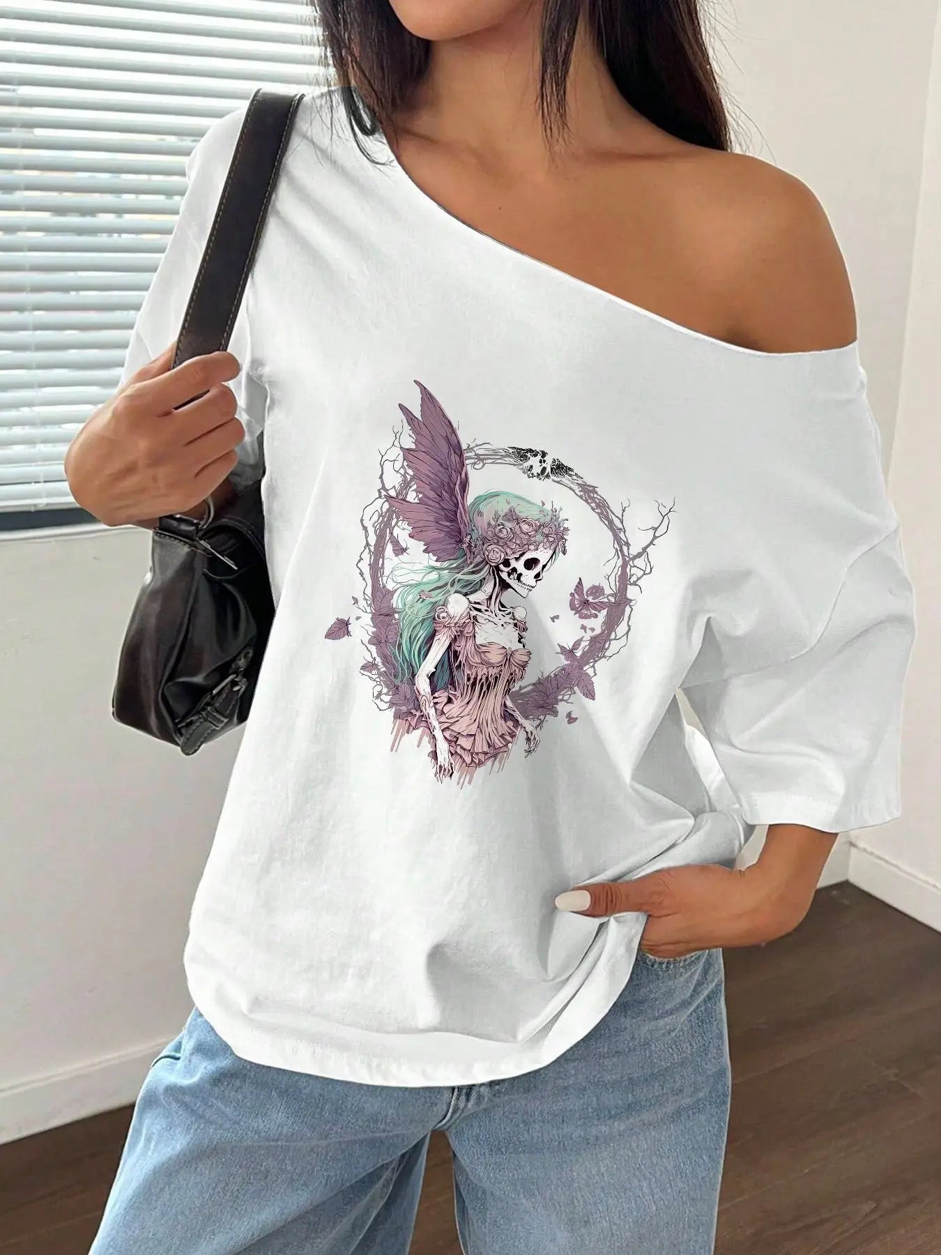 100% Cotton Plus Size Fairy Skeleton Floral Shoulder Loose Print T-Shirt Oversized Y2K Style Graphic Tees Women Tops Summer O