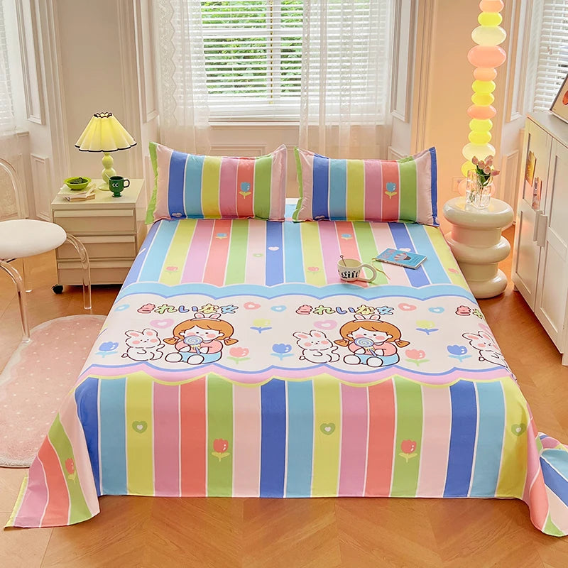 1PC or 3PCS Bed Flat Sheet Pillowcases Bed Cartoon Printed Top Sheets Single/Queen/King Flat Bedsheets Home Bed Linen Sheets