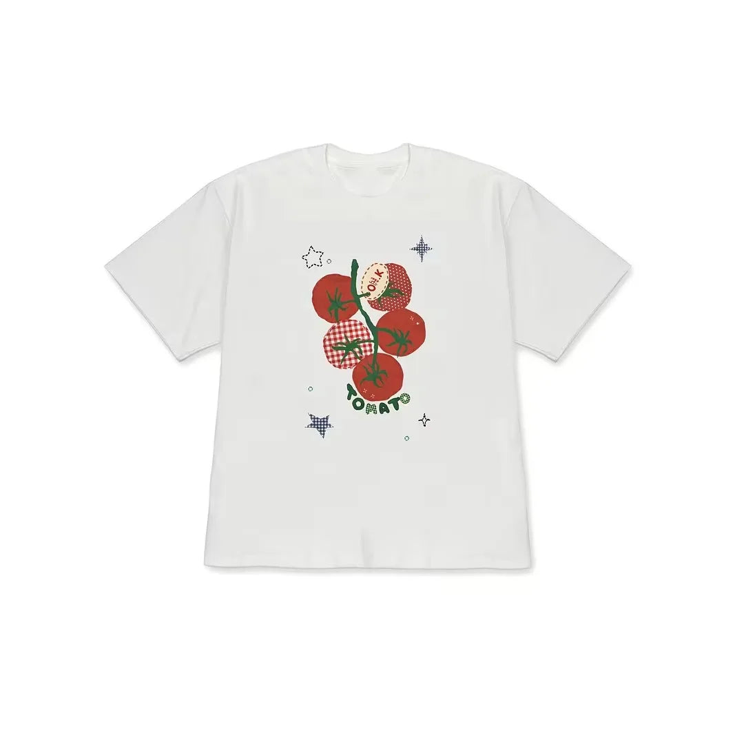 Plus Size Tomato Graffiti T-shirt Cute Korean Printed Short Sleeved Shirt Women's Daily Tops for Couples