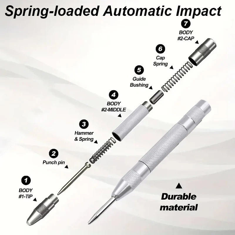 Center Punch Automatic Spring Loaded Ring Manual Puncher Impact Hole Locator Centre Tool Kit for Metal Wood Steel Sheet Leather