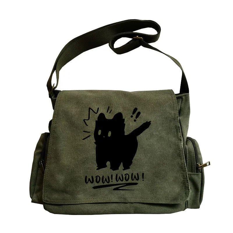 Women's Vintage OMG Cat Print Messenger Bag Large Capacity Crossbody Tote with Adjustable Strap Handbags Daily Commuting