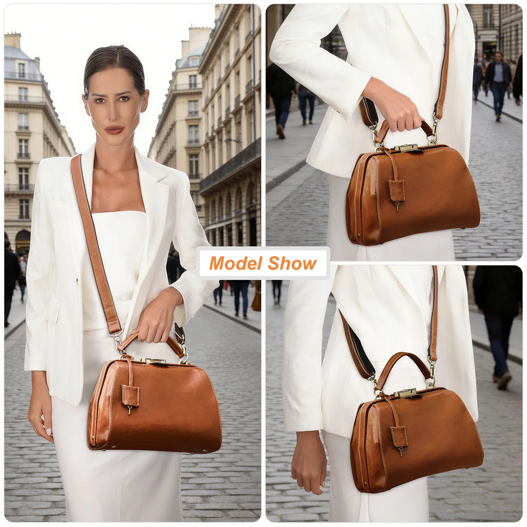 CONTACT'S Genuine Leather Doctor Bags for Women Luxury Designer Sling Shoulder Bags Tote Handbags Metal Frame Female Handle Bags