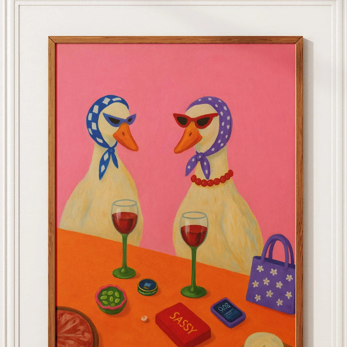Duck Wine Party Art Print, Quirky Animal Poster, Retro Wall Art with Ducks and Wine, Fun Dining Room or Kitchen Decor