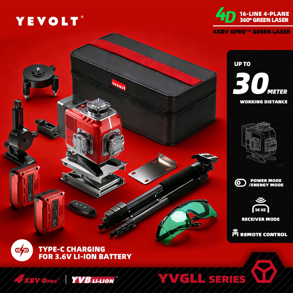YEVOLT Industrial 16-Line Laser Level Auto-Calibration ±4° Self-Leveling Angle Outdoor Landscaping Anti-Shock Design
